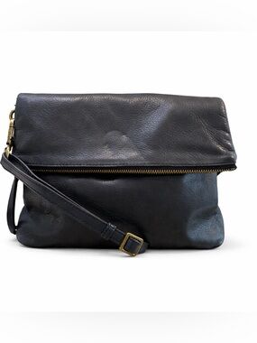 Margot Black Leather Fold-Over Crossbody Clutch